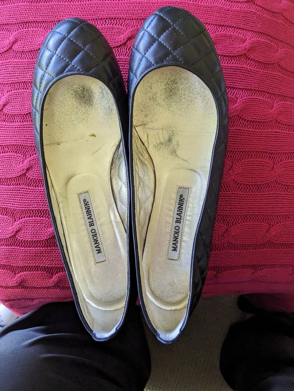 Manolo Blahnik Black Quilted Leather Flats Black, Sz 39